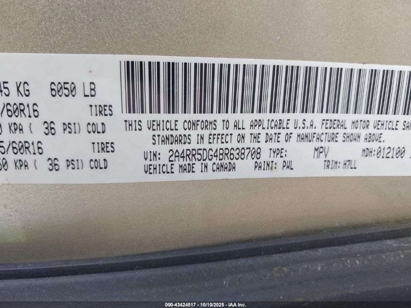 2011 Chrysler Town & Country Touring VIN: 2A4RR5DG4BR638708 Lot: 43424517