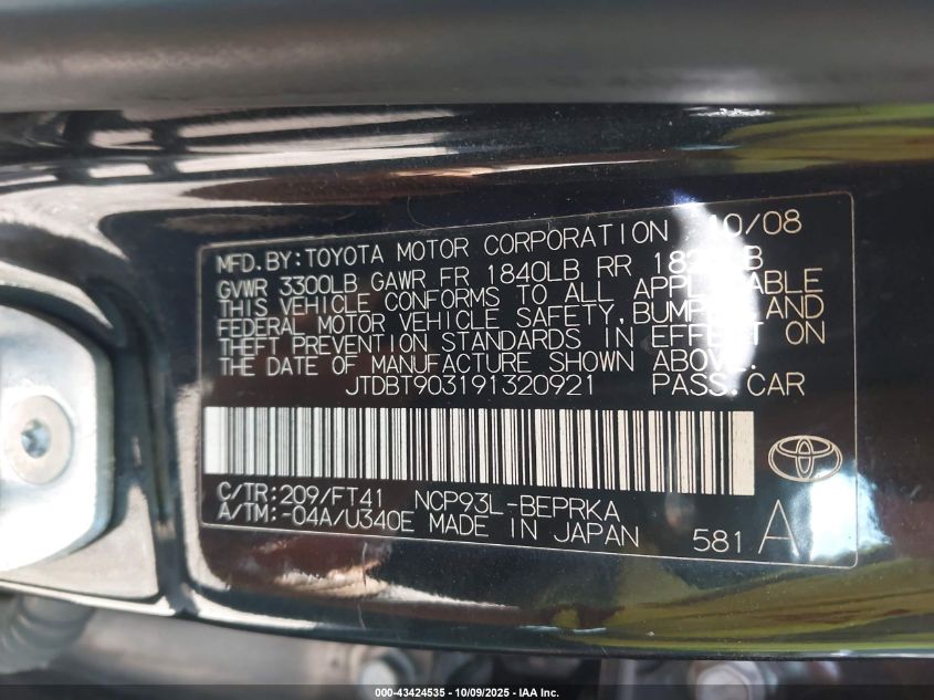 2009 Toyota Yaris S VIN: JTDBT903191320921 Lot: 43424535