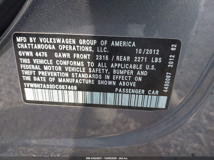 2013 Volkswagen Passat 2.5L Se VIN: 1VWBH7A33DC057409 Lot: 43424537