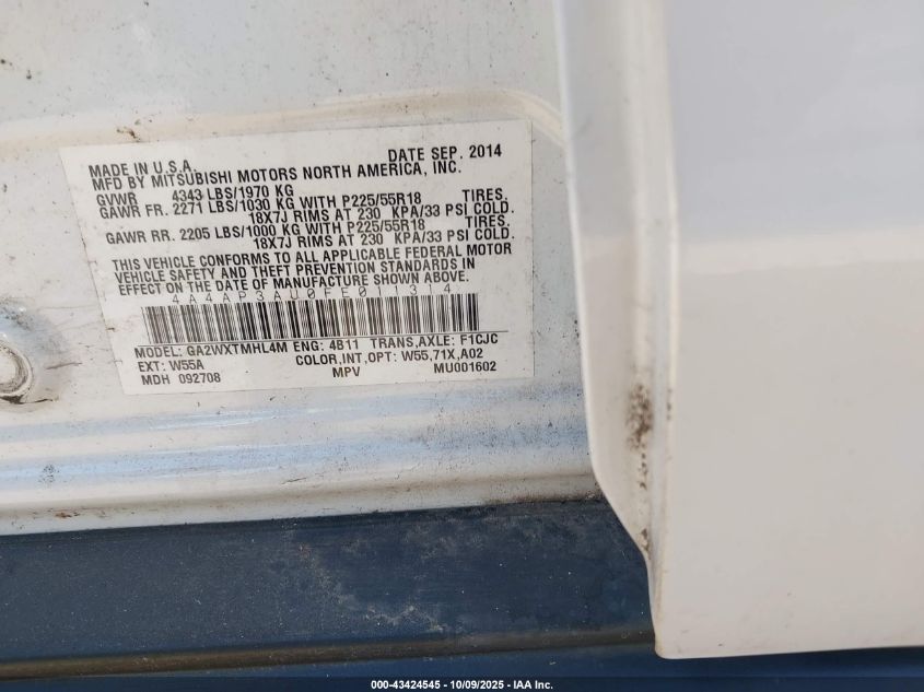 2015 Mitsubishi Outlander Sport Es VIN: 4A4AP3AU0FE011314 Lot: 43424545