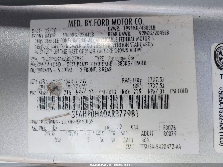 2010 Ford Fusion Se VIN: 3FAHP0HA0AR377981 Lot: 43424547