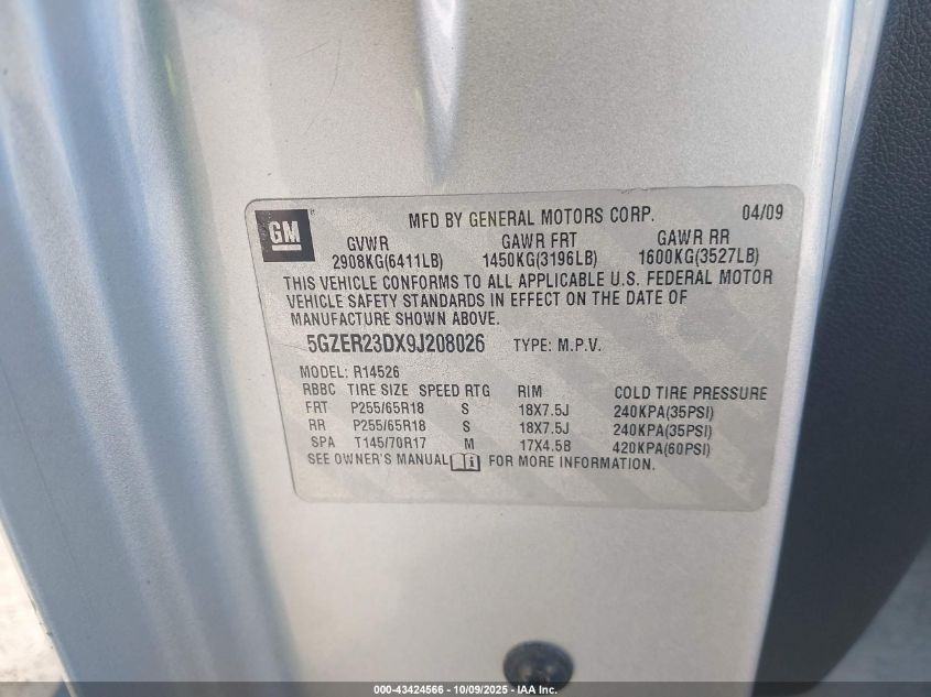 2009 Saturn Outlook Xr VIN: 5GZER23DX9J208026 Lot: 43424566