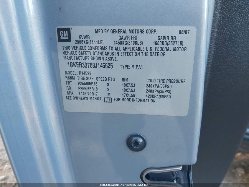 2008 GMC Acadia Slt-2 VIN: 1GKER33768J145625 Lot: 43424580