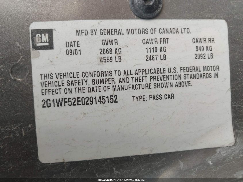 2002 Chevrolet Impala VIN: 2G1WF52E029145152 Lot: 43424581