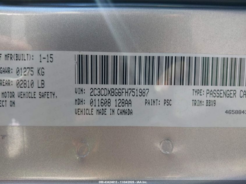 2015 Dodge Charger Se VIN: 2C3CDXBG6FH751987 Lot: 43424613