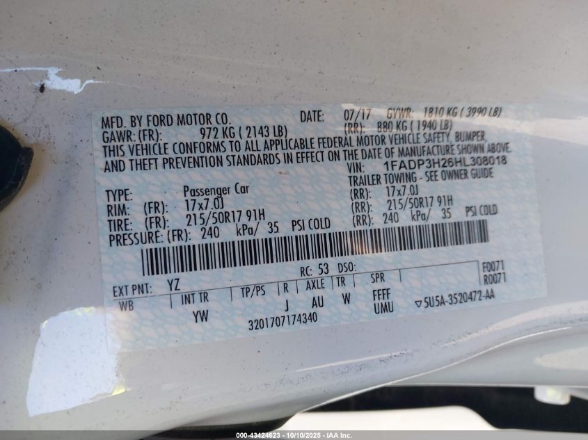 2017 Ford Focus Sel VIN: 1FADP3H26HL308018 Lot: 43424623