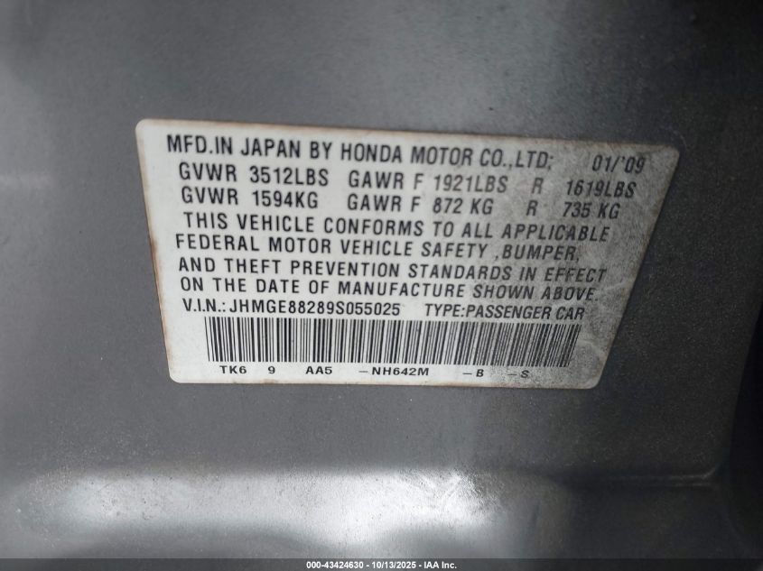 2009 Honda Fit VIN: JHMGE88289S055025 Lot: 43424630