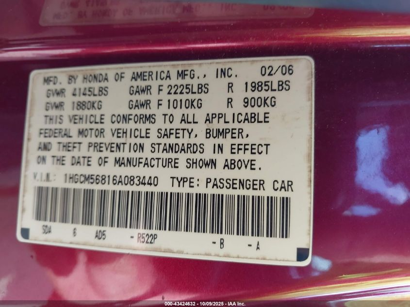 2006 Honda Accord 2.4 Ex VIN: 1HGCM56816A083440 Lot: 43424632
