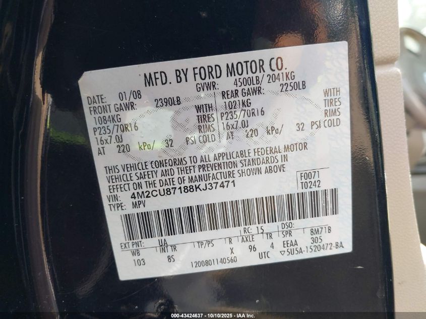 2008 Mercury Mariner Premier VIN: 4M2CU87188KJ37471 Lot: 43424637