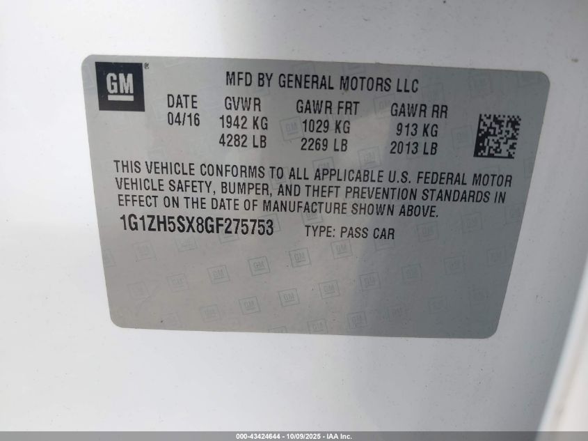 2016 Chevrolet Malibu Premier VIN: 1G1ZH5SX8GF275753 Lot: 43424644