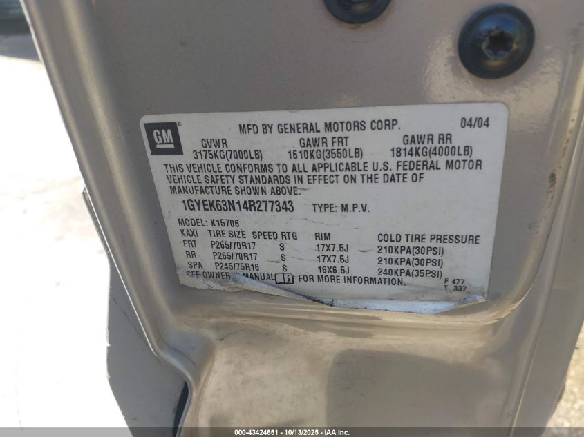 2004 Cadillac Escalade Standard VIN: 1GYEK63N14R277343 Lot: 43424651