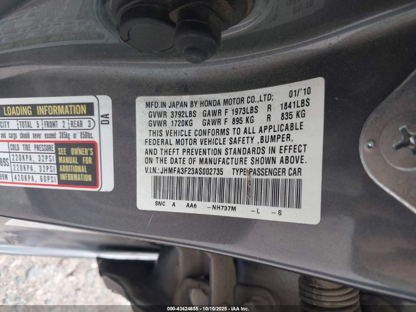 2010 Honda Civic Hybrid VIN: JHMFA3F23AS002735 Lot: 43424655