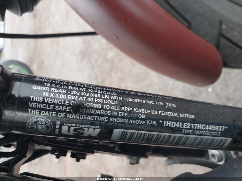 2017 Harley-Davidson Xl883 Iron 883 VIN: 1HD4LE217HC445937 Lot: 43424674