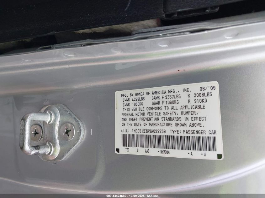 2009 Honda Accord 2.4 Lx-S VIN: 1HGCS123X9A022259 Lot: 43424680