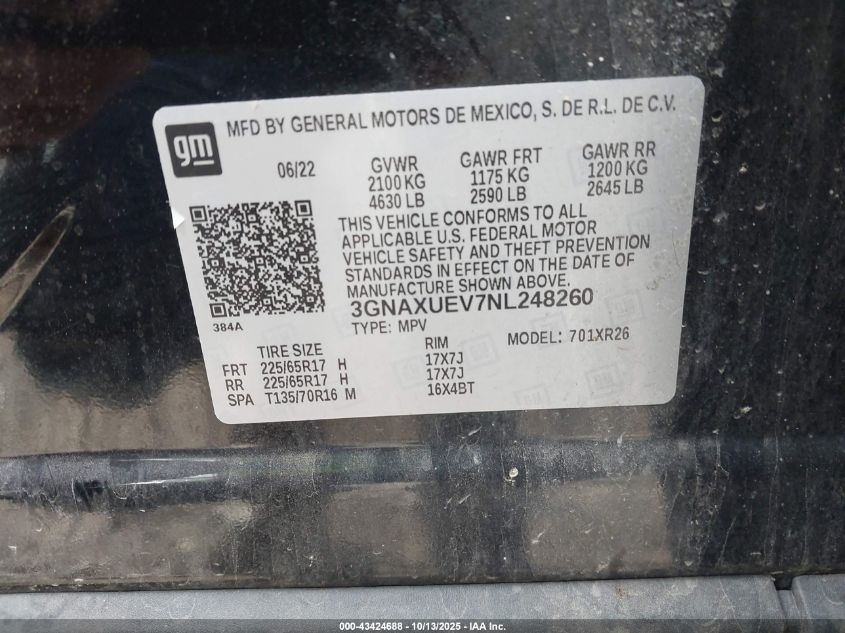 2022 Chevrolet Equinox Awd Lt VIN: 3GNAXUEV7NL248260 Lot: 43424688
