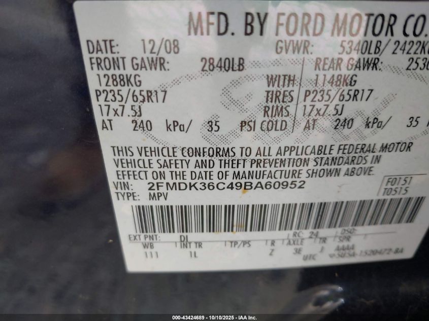 2009 Ford Edge Se VIN: 2FMDK36C49BA60952 Lot: 43424689