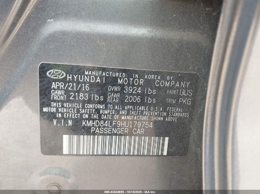 2017 Hyundai Elantra Se VIN: KMHD84LF9HU179754 Lot: 43424698