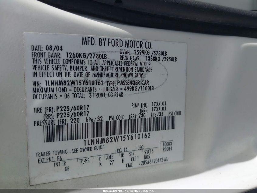 2005 Lincoln Town Car Signature Limited VIN: 1LNHM82W15Y610162 Lot: 43424704