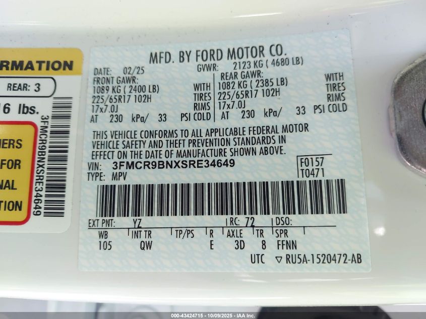 2025 Ford Bronco Sport Big Bend VIN: 3FMCR9BNXSRE34649 Lot: 43424715