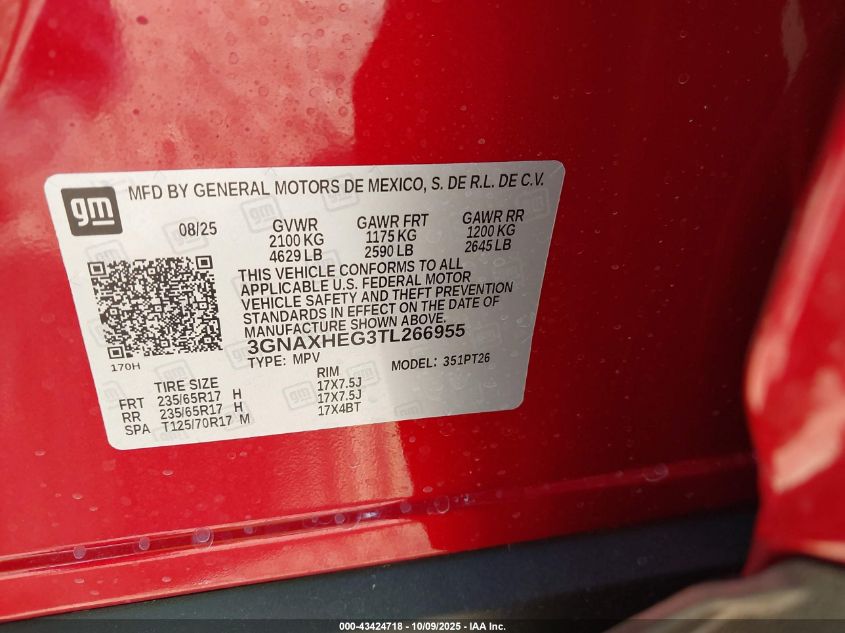 2026 Chevrolet Equinox Fwd Lt VIN: 3GNAXHEG3TL266955 Lot: 43424718