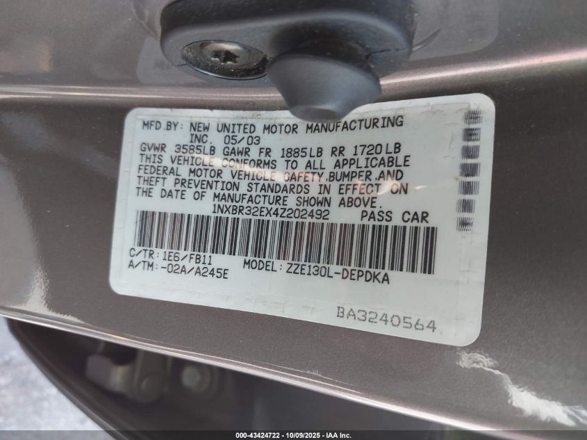 2004 Toyota Corolla Ce VIN: 1NXBR32EX4Z202492 Lot: 43424722