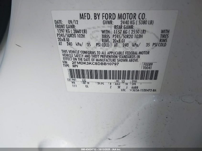 2013 Ford Edge Limited VIN: 2FMDK3KC8DBB10797 Lot: 43424732