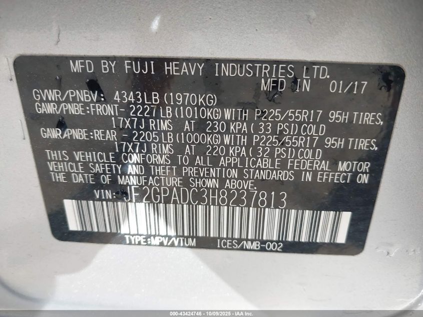 2017 Subaru Crosstrek 2.0I Premium VIN: JF2GPADC3H8237813 Lot: 43424746