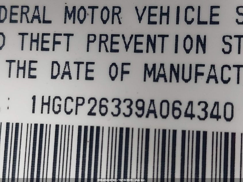 2009 Honda Accord 2.4 Lx VIN: 1HGCP26339A064340 Lot: 43424748