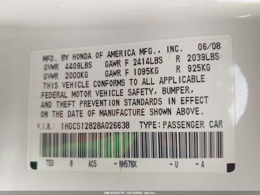 2008 Honda Accord 2.4 Ex-L VIN: 1HGCS12828A026638 Lot: 43424776