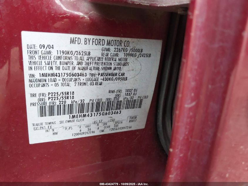 2005 Mercury Montego Premier VIN: 1MEHM43175G603463 Lot: 43424779