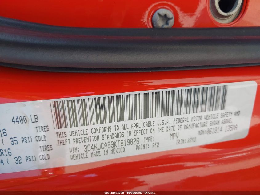 2019 Jeep Compass Sport Fwd VIN: 3C4NJCAB9KT819826 Lot: 43424790