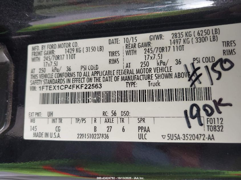 2015 Ford F-150 Xl VIN: 1FTEX1CP4FKF22563 Lot: 43424792