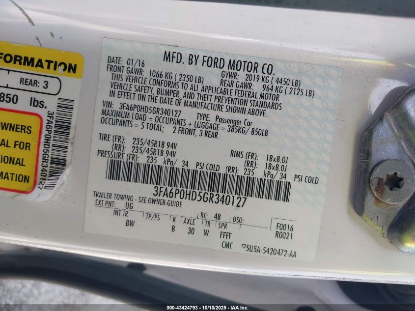 2016 Ford Fusion Se VIN: 3FA6P0HD5GR340127 Lot: 43424793