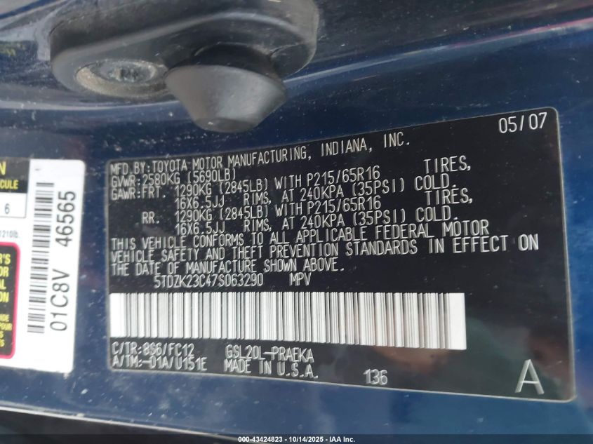 2007 Toyota Sienna Le VIN: 5TDZK23C47S063290 Lot: 43424823