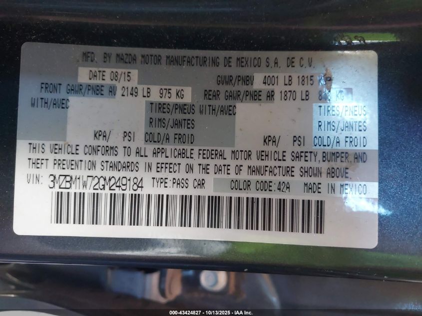 2016 Mazda Mazda3 I Touring VIN: 3MZBM1W72GM249184 Lot: 43424827