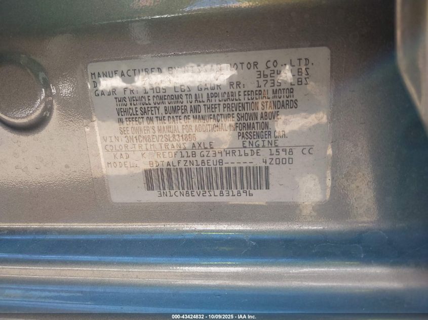 2025 Nissan Versa 1.6 Sv VIN: 3N1CN8EV2SL831896 Lot: 43424832