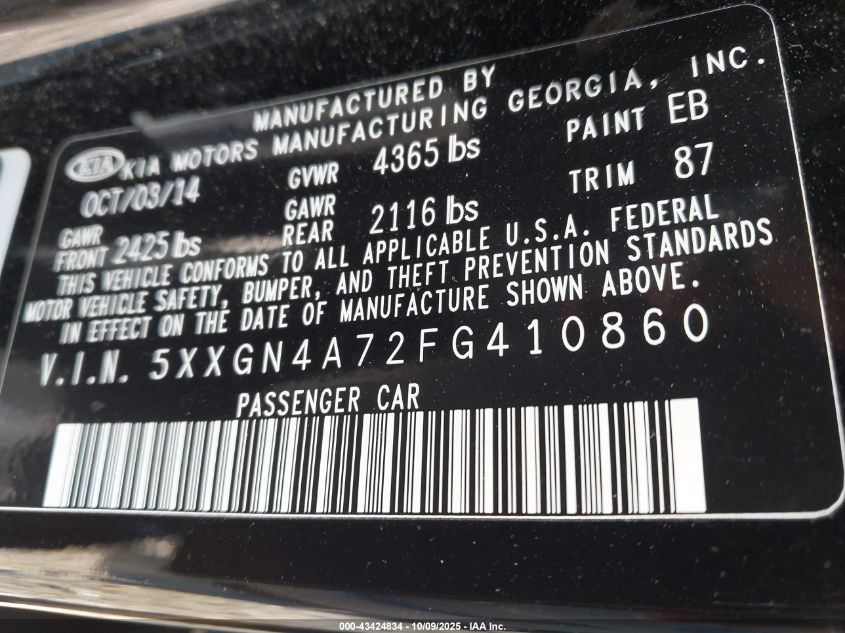 2015 Kia Optima Ex VIN: 5XXGN4A72FG410860 Lot: 43424834