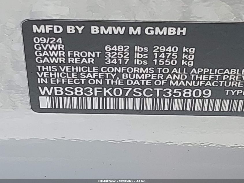 2025 BMW M5 VIN: WBS83FK07SCT35809 Lot: 43424843