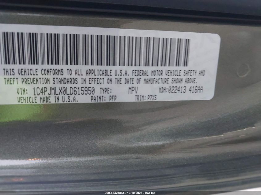 2020 Jeep Cherokee Latitude Plus 4X4 VIN: 1C4PJMLX0LD615950 Lot: 43424844