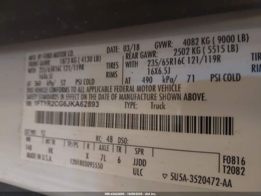 2018 Ford Transit-250 VIN: 1FTYR2CG6JKA62893 Lot: 43424850