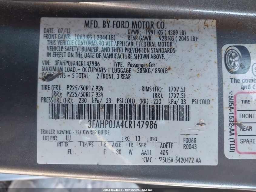 2012 Ford Fusion Sel VIN: 3FAHP0JA4CR147986 Lot: 43424851