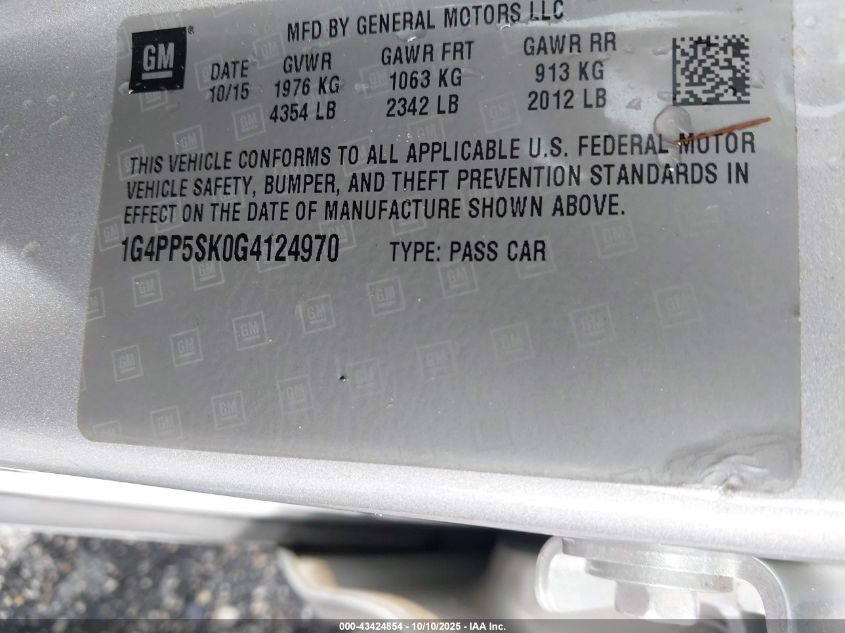 2016 Buick Verano VIN: 1G4PP5SK0G4124970 Lot: 43424854