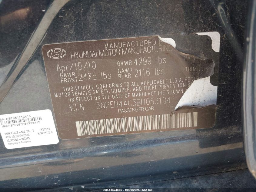 2011 Hyundai Sonata Gls VIN: 5NPEB4AC3BH053104 Lot: 43424875