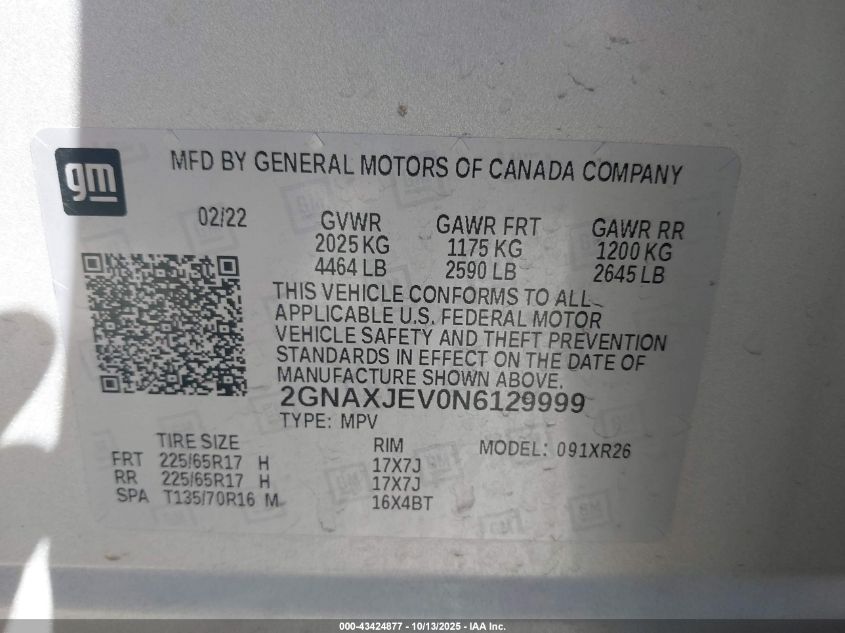 2022 Chevrolet Equinox Fwd 2Fl VIN: 2GNAXJEV0N6129999 Lot: 43424877