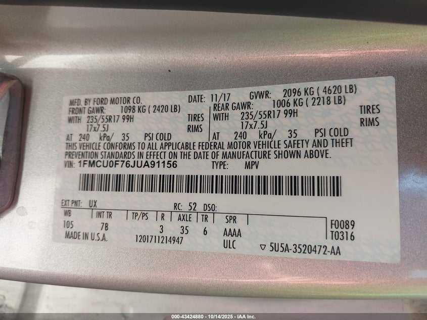 2018 FORD ESCAPE S 1FMCU0F76JUA91156