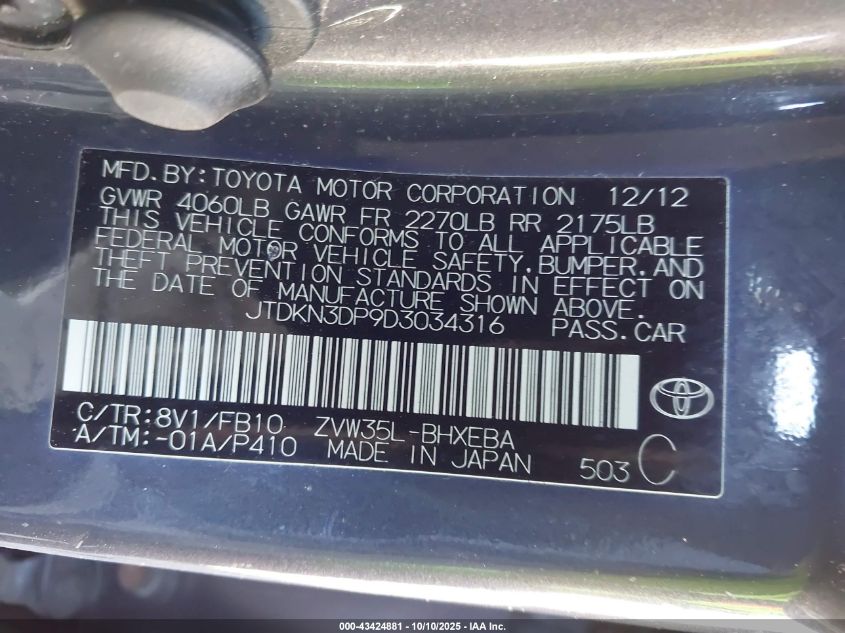 2013 Toyota Prius Plug-In VIN: JTDKN3DP9D3034316 Lot: 43424881