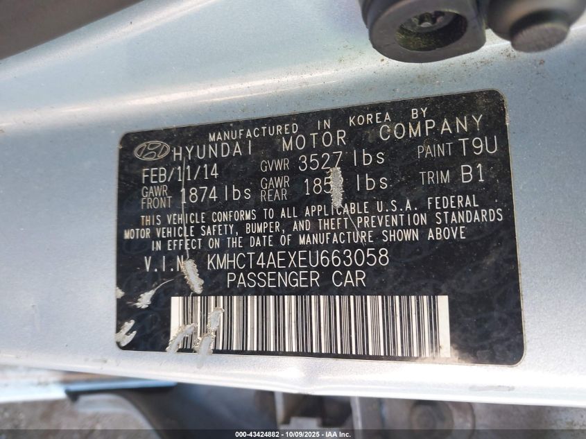 2014 Hyundai Accent Gls VIN: KMHCT4AEXEU663058 Lot: 43424882
