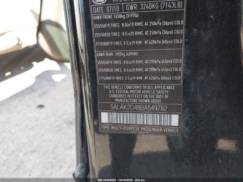 2011 Land Rover Lr4 VIN: SALAK2D48BA549782 Lot: 43424885