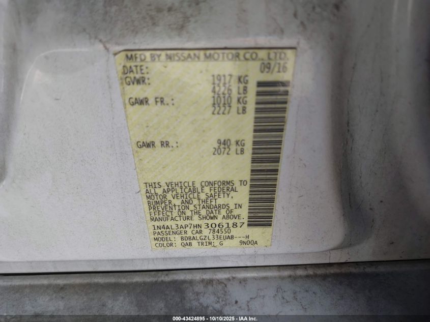 2017 Nissan Altima 2.5 S VIN: 1N4AL3AP7HN306187 Lot: 43424895