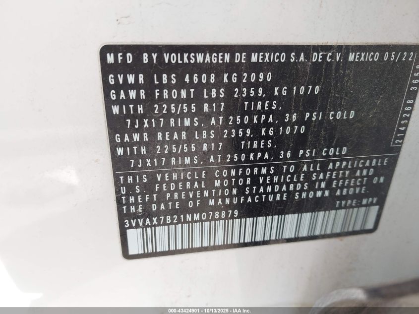 2022 Volkswagen Taos 1.5T S VIN: 3VVAX7B21NM078879 Lot: 43424901